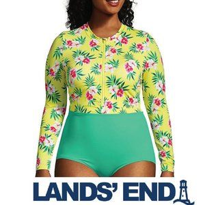 NWT Lands' End Aqua Hibiscus & Socorro Long-Sleeve One-Piece 16W